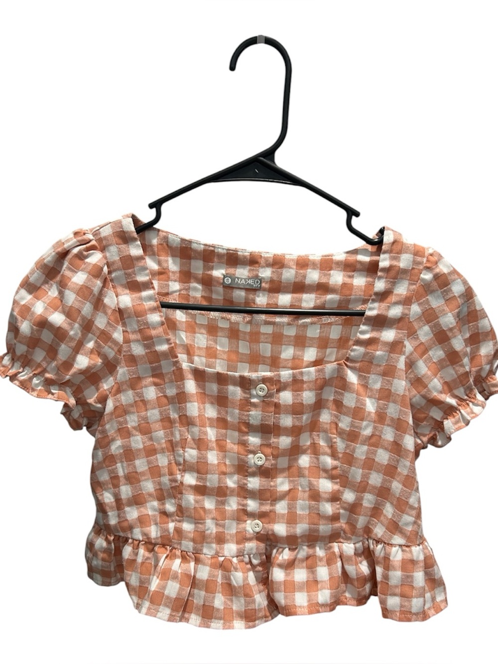 NAK Orange Gingham Puff-Sleeve Button Crop Top